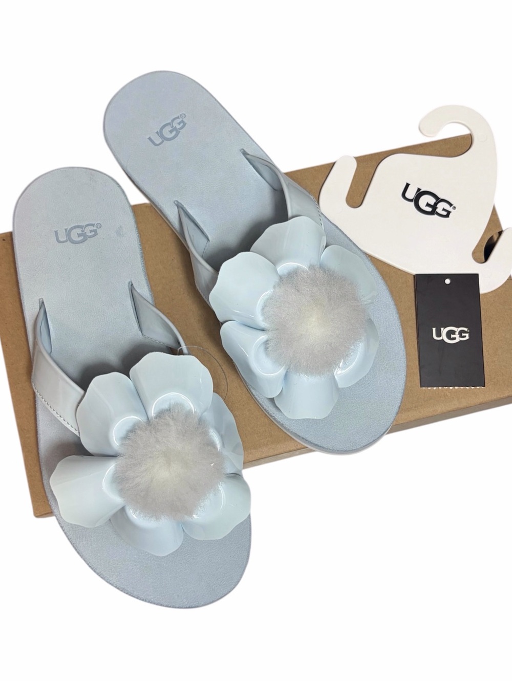 UGG Poppy Light Blue Pom Pom Thong Sandal Flip Flops NEW